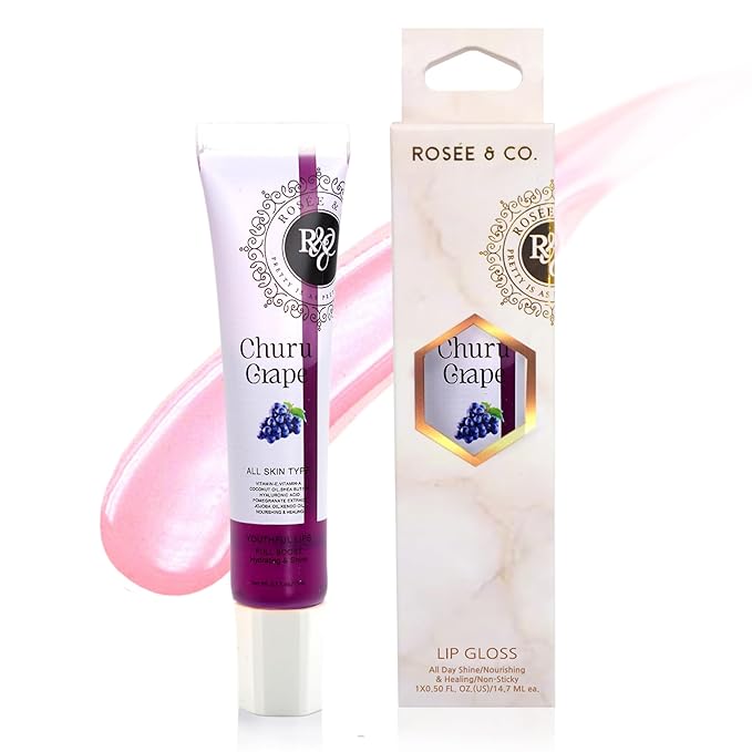 ROSÉE & CO Rosee Lip Gloss Vegan & Cruelty Free Treatment, Professional Make up, Long Lasting Glossy with Shea Butter, Moisturize, Protect & Smooth, High Shine, Non-Sticky (p. Churu Grape, 0.5)