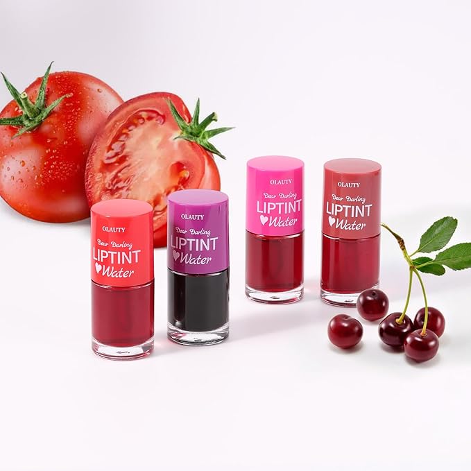 Lip Tint Stain Set, Korean Lip Tint Glossy Lip Stain Plumping Mini Liquid Lipstick, Multi-use Lip and Cheek Tint, Long-Wear Lip Stain Non-Stick Cup Lip Tint (Strawberry + Cherry)