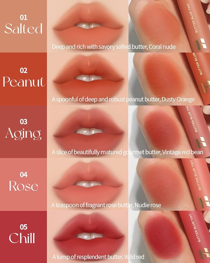 HOLIKA HOLIKA Butter Blur Lip Tint (01 SALTED) - Korean Matte Lip Tint, Lightweight High-Pigmented Lips, Velvety Silky Smooth K-Beauty Lip Makeup, Long Wearing Formula