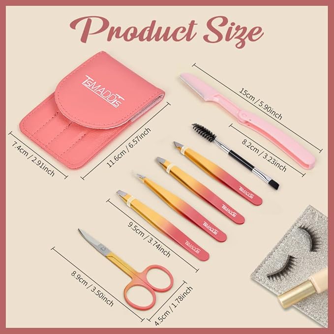 TsMADDTs 7PCS Tweezers Set for Women Facial Hair, Precision Tweezer for Eyebrows with Curved Scissor and Eyebrow Razor for Ingrown Hair, Pink&Yellow