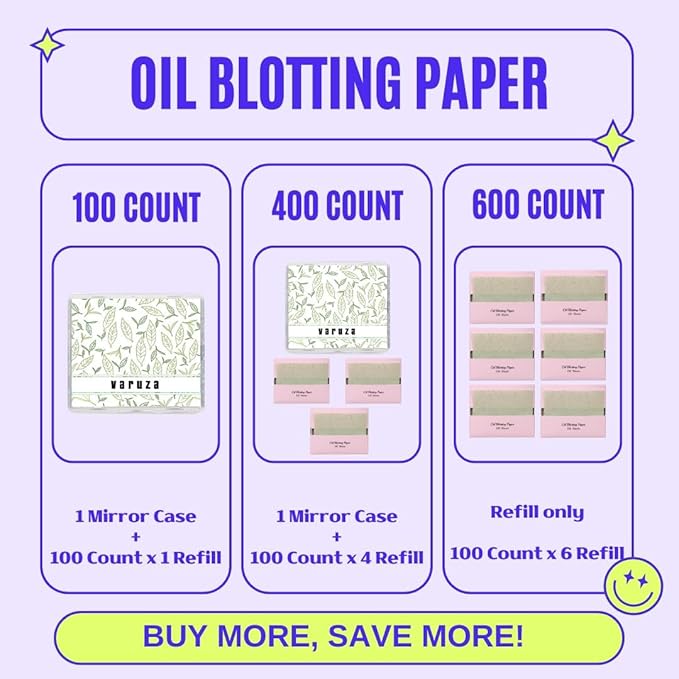 [600 Counts Refills Only] Green Tea Natural Oil Blotting Sheets for Face with Mirror Case and Refills