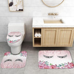 4PCS Diamond Eyelash Shower Curtain Set, Rustic Flower Botanical Bouquet Confetti Girly Makeup Fashion Bathroom Decor Waterproof Fabric Shower Curtain Non-Slip Bath Mat Toilet Rug, Pink Floral