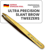 Professional Tweezers - Slant, Durable Lightweight German Stainless Steel, Ultra Precision Tweezers for Eyebrows, Facial Hair, Chin, and Ingrown Hair Removal - Gift (Matte Gold)