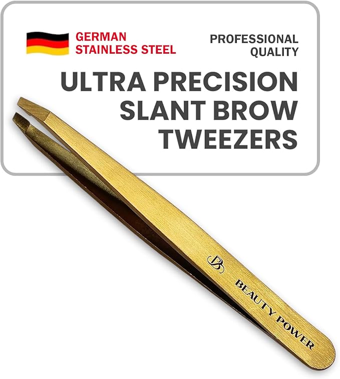 Professional Tweezers - Slant, Durable Lightweight German Stainless Steel, Ultra Precision Tweezers for Eyebrows, Facial Hair, Chin, and Ingrown Hair Removal - Gift (Matte Gold)