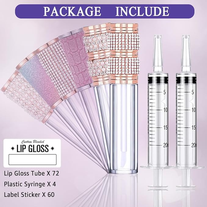AMORIX 72pcs 5ml Diamond Lip Gloss Tubes with Wand Lipgloss Tubes Bulk Empty Rhinestone Lip Gloss Containers Bottles Crystal Lip Gloss Supplies Kit, 4 x Syringes + Labels for DIY Lip Gloss Base