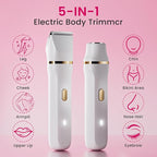 Electric Razors for Women, 5-in-1 Wet/Dry Bikini Trimmer with USB Charge Dock, Deluxe Facial Hair Removal, Wet/Dry Body Shaver for Nose Eyebrows Beard Underarm Leg Arm, IPX7 Waterproof (White)