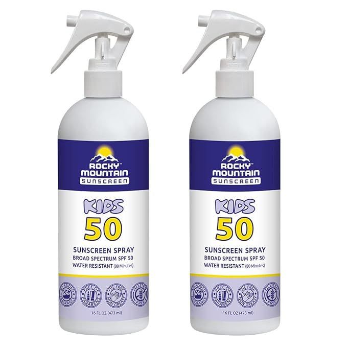 KIDS Rocky Mountain Sunscreen SPF 50 Liquid Spray | Broad Spectrum UVA/UVB Protection | Hawaii 104 Reef Act Compliant (Oxybenzone & Octinoxate Free) | Water Resistant 80 Min. | (16 Fl oz, 2-pack)