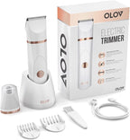 OLOV Electric Body Hair Trimmer - Groin Trimmer for Men - Bikini Trimmer Women - Wet/Dry Shaver Groomer, Replaceable Ceramic Blade Heads, USB Recharge Dock, Waterproof Hygiene Razor, White