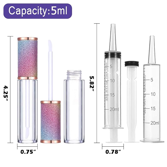 AMORIX 24 Pack Rainbow Lip Gloss Tubes with Wand 5ml Empty Lip Gloss Containers Lipgloss Bottles with Stoppers + 2pcs Syringes for DIY Lip Gloss Balm