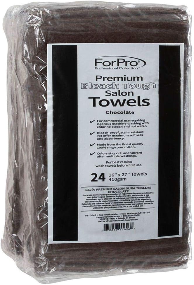 ForPro Professional Collection Premium Bleach Tough Salon Towels, Chocolate, 100% Cotton, Bleach-Proof, Stain Resistant, 16” W x 27” L, 24-Count,110542