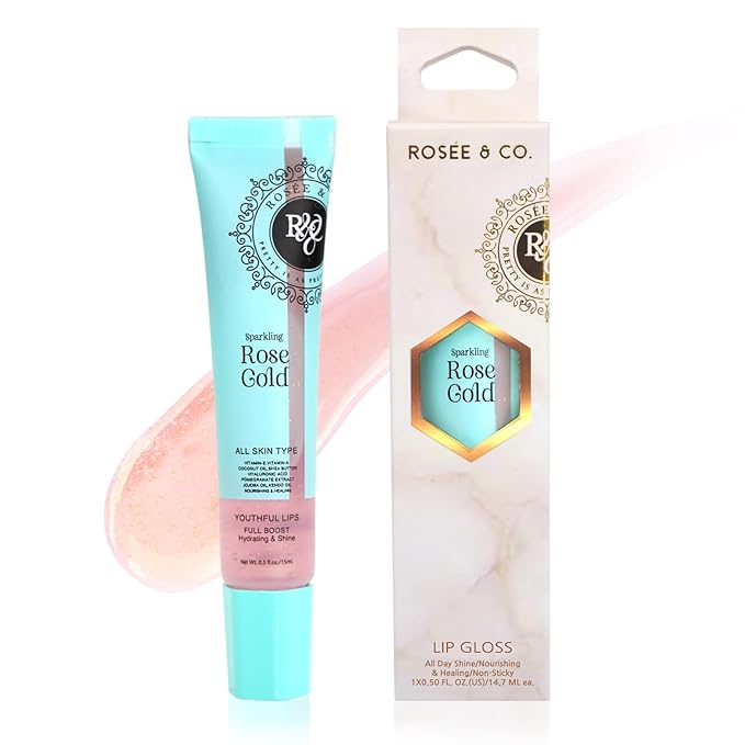 Rosee Lip Gloss Vegan & Cruelty Free Treatment, Professional Make up, Long Lasting Glossy with Shea Butter, Moisturize, Protect & Smooth, High Shine, Non-Sticky (f. Sparkling Rose Gold, 0.5)