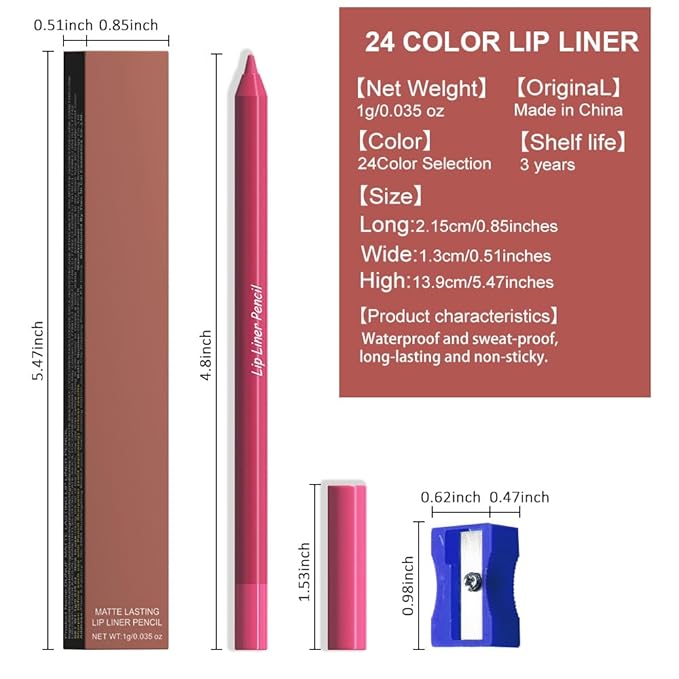 evpct 1Pcs Rose Red Matte Long Lasting Lip Liner Pencils Makeup for Shaping & Sculpting Lips, No Transfer Long Wear Waterproof Pigmented Lip Liner lipliners Crayon Lipstick Pencil Sharpener 19