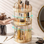360 Rotating Makeup Organizer - High-Capacity Skincare & Cosmetics Organizer for Vanity, Bathroom or Dresser (3 Tiers, Amber)