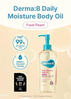Derma B | Daily Moisture Body Oil | 99% Natural Argan & Sweet Almond Oil | Shower Oil for Dry Sensitive Skin | Light & Long-Lasting Hydration | Skin Body Care Oil with Peach Scent | 6.78 fl oz (200ml)