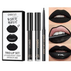 3Pcs Black Matte Liquid Lipstick,Lip Liner,Lip Gloss Trio Lip Set Waterproof Long-Lasting Moisturizing Velvety Lip Stain One Step Lips Makeup Kits Goth Makeup