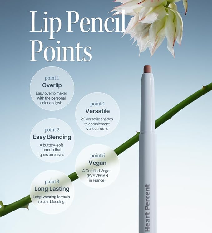 Heart Percent Dote On Mood Lip Pencil, Long-Lasting Creamy Lip Crayon Smooth Color Liner Retractable Lipstick Pencil 0.8g, #02. Creamy Pink