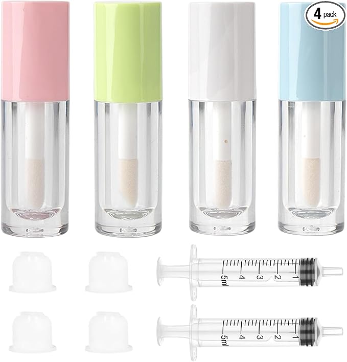 Qeuly 4 Piece Lip Gloss Tubes, 6ml Empty Lip Gloss Tubes with Wand, Clear Plastic Lip Gloss Containers for Skin Care Oil DIY Makeup Lipgloss Making Kit (D25xH86mm)