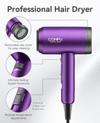 Hair Dryer with Diffuser, CONFU Ionic Blow Dryer 1600W, Portable Lightweight Fast Drying Negative Ion Hairdryer, 3 Heat Settings with Diffuser and Concentrator Nozzle for Home & Travel