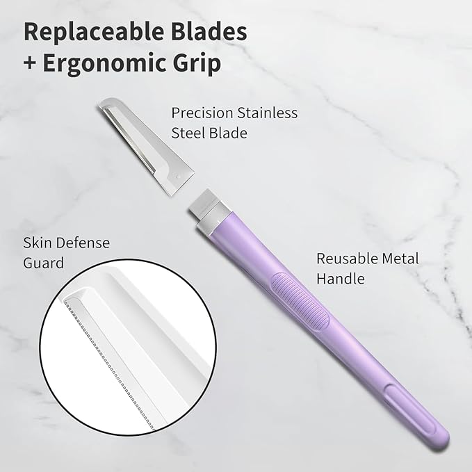 Face Razors for Women, Dermaplane Razor for Women Face, Eyebrow Razor, Facial Razors, Dermaplaning Tool, Reusable Metal Handle with 4 Microblades for Sensitive Skin, Peach Fuzz Remover, Purple