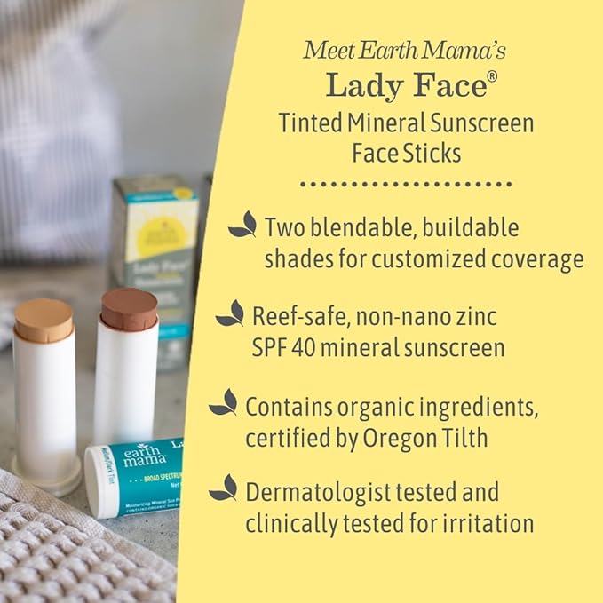 Earth Mama Lady Face® Tinted Mineral Sunscreen Stick, SPF 40 Medium/Dark Tint | Contains Organic Shea & Cocoa Butter | Foundation + Concealer + Contour, Blends with Most Skin Tones