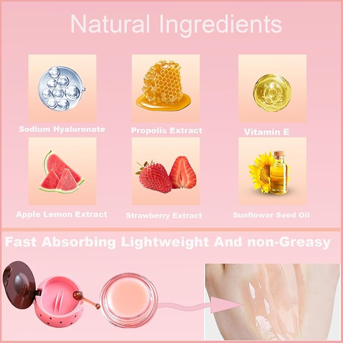 3PCS Bee Lip Balm Honey Pot, Exfoliating Strawberry Cherry Watermelon Bee Lip Balm Sleeping Lip Mask Overnight with Sticks, Honey Pot Lip Balm Prevention Dry Hydrating and Crack Lip Scrubs