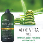 Aloe vera Gel - from 100% Pure Organic Aloe Infused with Matrixyl 3000 (Peptides), Turmeric - Natural Raw Moisturizer for Face, Body, Hair. Perfect for Sunburn, Acne, Razor Bumps 16.9 fl oz