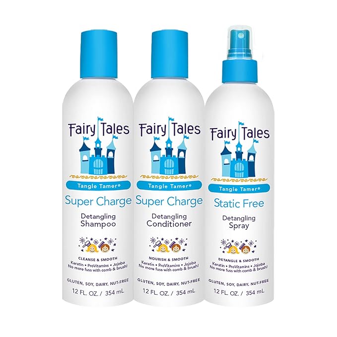 Fairy Tales Tangle Tamer Detangling Shampoo and Conditioner for Kids plus Detangling Spray - Ultra Moisturizing and Anti Frizz Protection - Paraben Free, Sulfate Free - 12 Oz Each Bottle - 3 pack