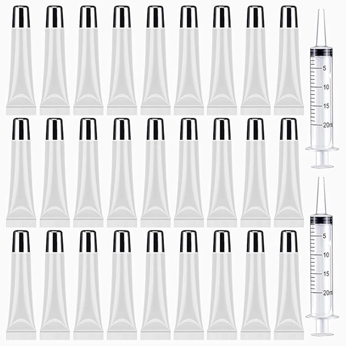 50PCS Lip Gloss Tubes 15ml Silver Cap Lip Gloss Containers Empty Lip Balm Tubes Refillable Cosmetic Squeeze Lipgloss Tubes + 2 x 20ml Syringes Tag Labels Stickers for DIY Lip Gloss Base Glitter