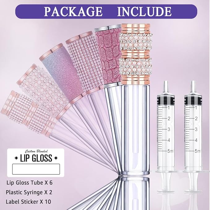 AMORIX 6pcs Lip Gloss Tubes with Wand 5ml Empty Rhinestone Lip Gloss Containers Cute Lipgloss Bottles Crystal Lip Gloss Supplies Kit with Syringe for DIY Lip Gloss Base