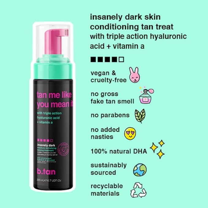 b.tan Dark Self Tanner Mousse | Tan Me Like You Mean It - Dark, 1 Hour Express Sunless Tanner Foam, Bronzing Glow, No Fake Tan Smell, Face & Body, Vegan, Cruelty & Paraben Free, 6.7 Fl Oz
