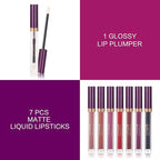 QiBest 7Pcs Matte Liquid Lipstick wiith 1Pc Lip Plumper Makeup Set, Dark Black Purple Lipstick Goth Halloween Lip Set Waterproof Lip Gloss Kit Pigmented Long Lasting Lipstick Makeup for Women & Girls