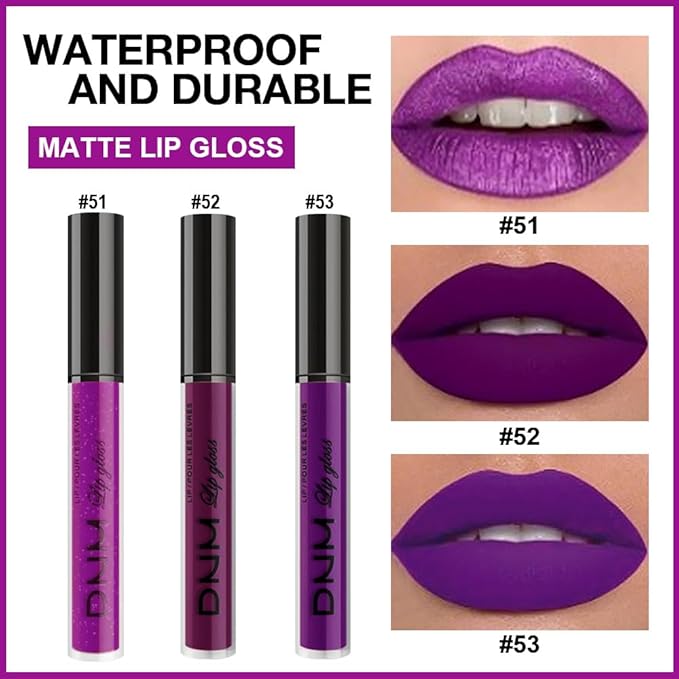evpct 3Pcs Violet Purple Crystal Metallic Shimmer Glitter Matte Liquid Lipstick Lip Stain Sets for Women Matte+Lipstick Long Lasting Waterproof Permanent 24 Hours Magic Lipstick 24 Hours original