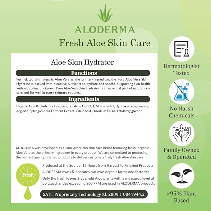 Aloderma Fresh Aloe Vera Face Hydrator Made with 99.8% Organic Aloe Vera within 12 Hours of Harvest - No Thickeners Great for Acne Prone & Sensitive Skin Repair, Scalp, & Hair 240ml