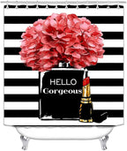 4PCS Hello Gorgeous Shower Curtain Set Watercolor Red Floral Black and White Striped Perfume Lipstick Makeup Vintage Modern Fashion Women Bathroom Decor Non-Slip Bath Mat Toilet Rug, Hydrangea