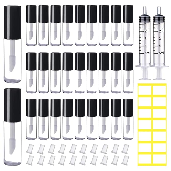 AMORIX 50PCS Mini Lip Gloss Tubes with Wand 1.2ml Empty Containers Clear Refillable Travel Lip Balm Bottles for Samples with 5ml Syringes DIY Lip Gloss Base + Tag Labels Stickers (Black)