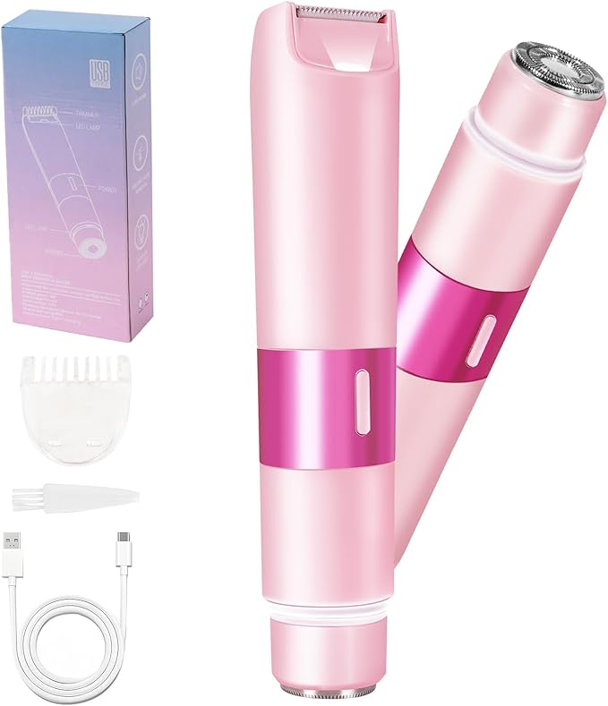 Bikini Trimmer for Women, 2 in 1 Electric Razor with LED Light, Body Facial Hair Remover, Type-C Charging, Wet/Dry Use for Smooth Skin