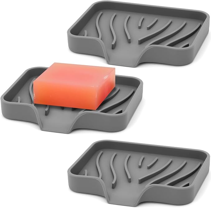 3-Pack Silicone Soap Dish Bar Soap Holder, Self Draining Soap Tray for Shower, Bathroom, Kitchen, Bathtub (Grey)