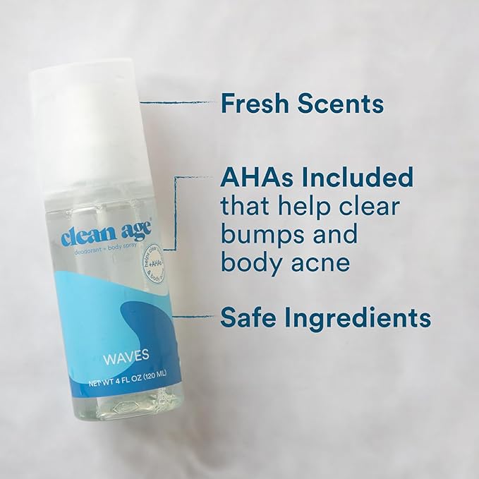 Aluminum Free Deodorant & Body Spray for Whole Body - Waves 4oz - Clean Deodorant and Body Spray for Teen Boys and Girls - With AHA For Body Acne - Body Spray for Teens Formula