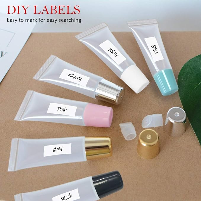 AMORIX 50PCS Lip Gloss Tubes 20ml White Cap Lip Gloss Containers Empty Refillable Cosmetic Squeeze Lipgloss Tubes + 2 x 20ml Syringes Tag Labels for DIY Lip Gloss Base Glitter