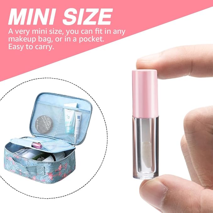 AMORIX 50PCS Mini Lip Gloss Tubes with Wand 1.2ml Empty Lip Gloss Containers Refillable Travel Lip Balm Tubes for Samples with 5ml Syringes DIY Lip Gloss Base + Labels (Pink)