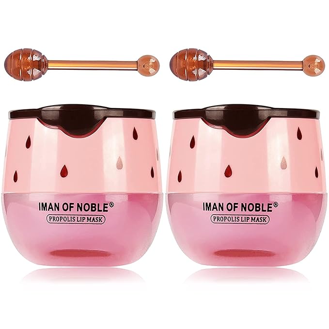 2Pcs Strawberry Vitamin E Lip Masks，Lip Balm Honey Pot，Hydrating & Prevention Dry and Cracked Lip Scrubs Exfoliator，Lip Sleep Mask Reduces Lip Lines，Lip Exfoliating Balm Sleeping Lip Mask