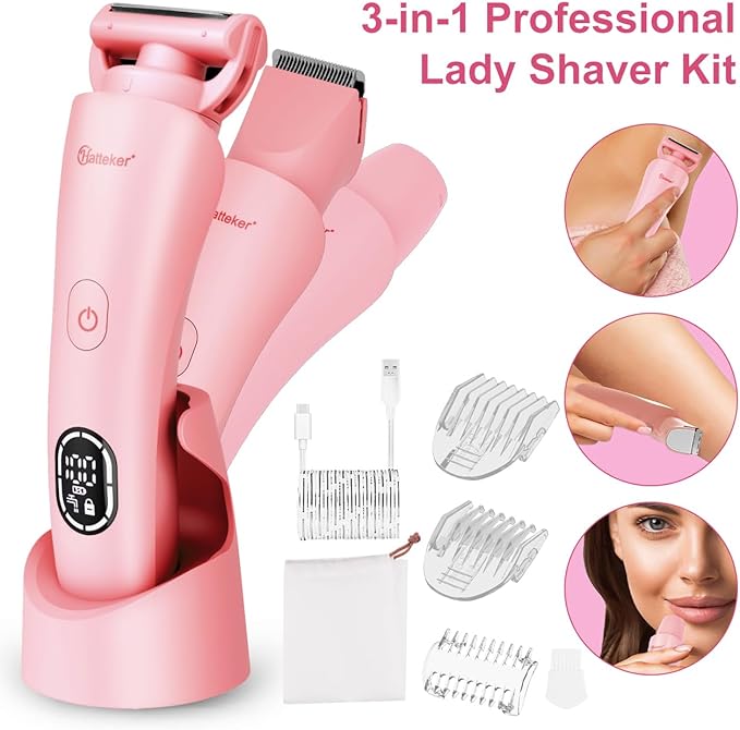 Hatteker Women's Electric Shaver Bikini Trimmer Hair Trimmer for Women LED Display Electric Razor for Legs Bikini Underarm Public Hairs Led Display IPX7 Waterproof Gift for Women (Pink)
