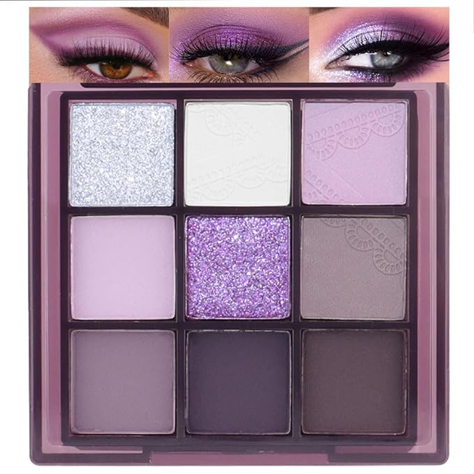 9 Colors Purple Silver White Tan Grape Matte Shimmer Eyeshadow Palette for Eye Makeup,High Pigmented Brown Eye Shadow Primers Powder Palet de sombras de ojos