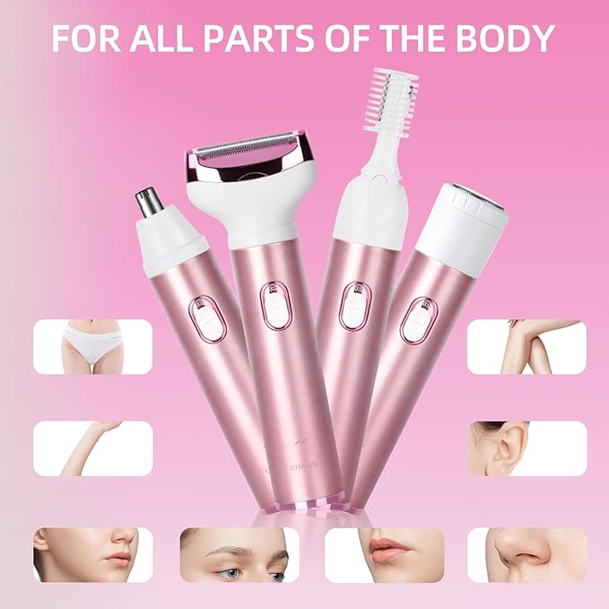 Wet & Dry Electric Razor for Women Body Razors 4-in-1 Facial Hair Remover Electric Shaver and Facial Hair Remover Painless Ladies Body Razors for Nose Face Body Leg Bikini Arm Hair