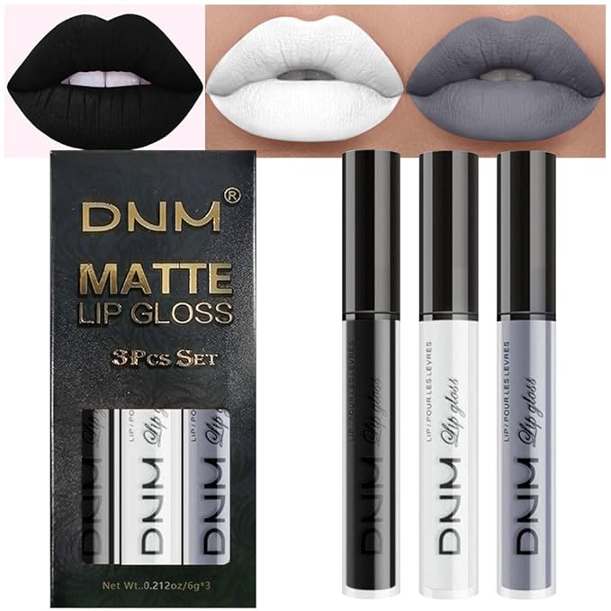 evpct 3Pcs Dark Black Grey Gray White Matte Liquid Lipstick Lip Stain Sets for Women Matte+Lipstick Long Lasting Permanent 24 hr Hours Magic Lipstick 24 Hours original Waterproof 16#