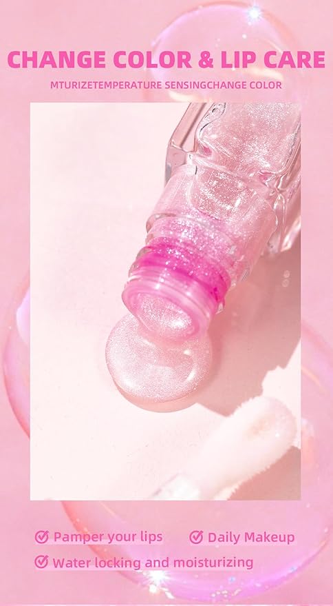 Cosmetics Color Changing Lip Oil V2, Magic Color Changing Lip Oil Cosmetics, Plumping Lip Oil Moisturizing Lip Gloss, Long Lasting Lip Glow Oil Non-sticky Warm Change Glitter Lip Tint (Pack of 1)