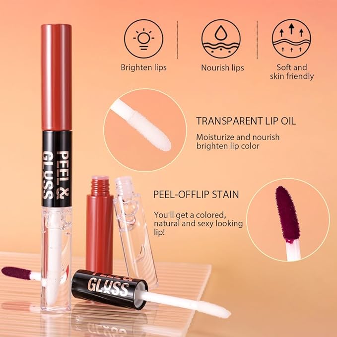 2Pcs Lip Stain Peel Off Lip Gloss oil Dual-Ended Combo, Lips Liner Stain Peel Off Masque, Long Lasting & Waterproof, Transfer-Proof Lip Tint Stain with Lip oil for All Skin Type 01#+04#
