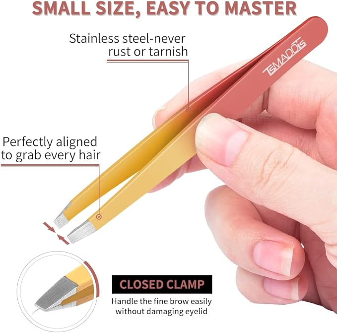 TsMADDTs 7PCS Tweezers Set for Women Facial Hair, Precision Tweezer for Eyebrows with Curved Scissor and Eyebrow Razor for Ingrown Hair, Pink&Yellow