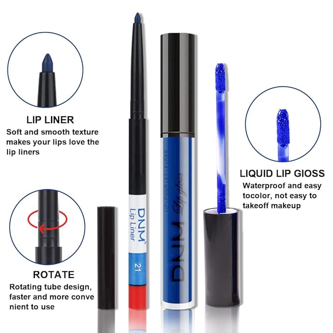 evpct 2Pcs Royal Light Blue Matte Liquid Lipstick and Lip Liner Pencil Makeup Set Blue Lipstick 24H and with Lip Liner Set Waterproof Long Lasting labiales mate 24 horas originales 21#