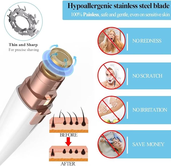 Eyebrow Razor,Facial Hair Removal for Women, (USB Rechargeable), 2 in 1 Eyebrow Trimmer and 100% Painless Hair Remover with Light for Nose, Lips, Face, Body